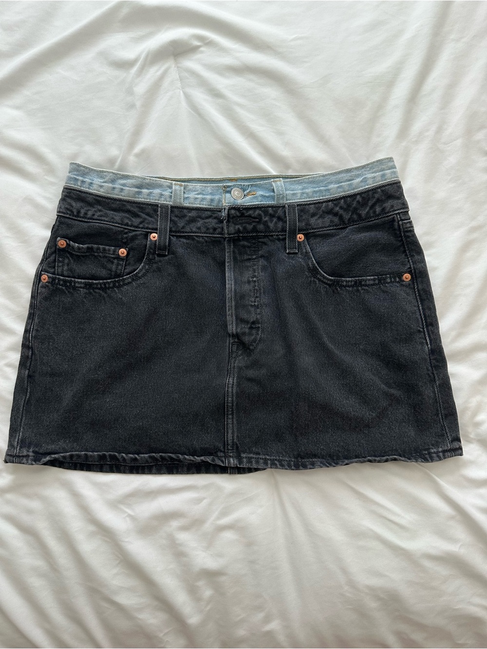 Levi's 501 Black Denim Mini Skirt with Washed Blue Waistband